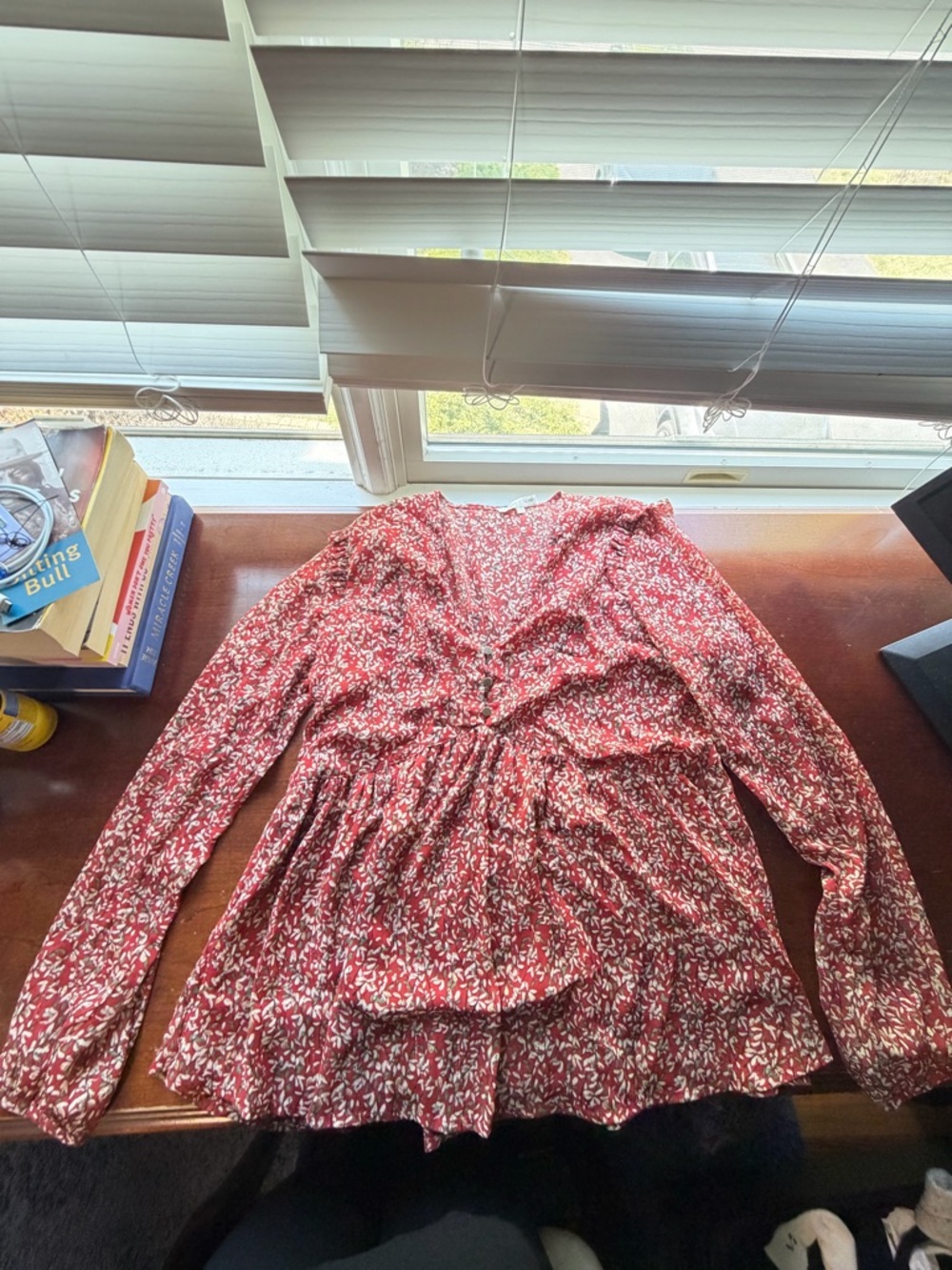Bought in a Paris Boutique! Red Floral Button-Front Blouse - so flattering!